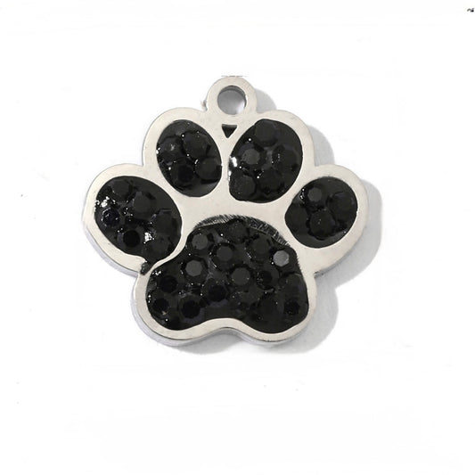 Paw print black rhinestone silver charm